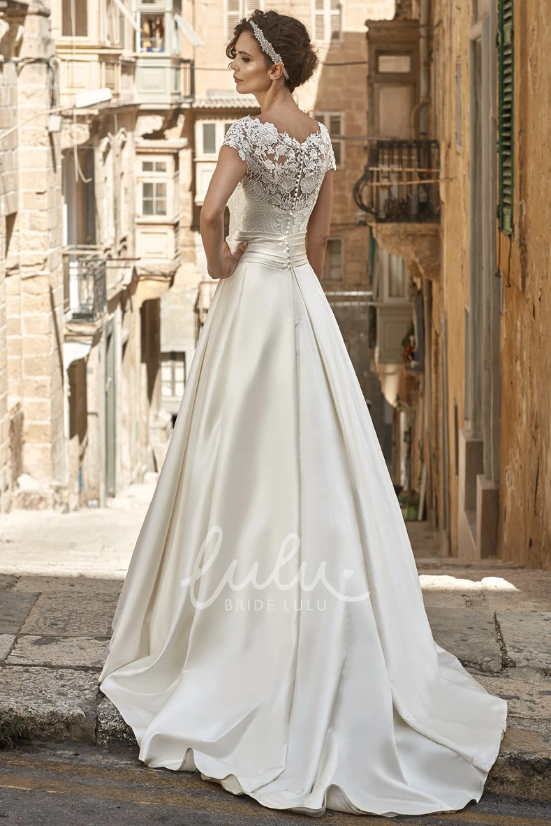 Short-Sleeve Lace Satin A-Line Wedding Dress