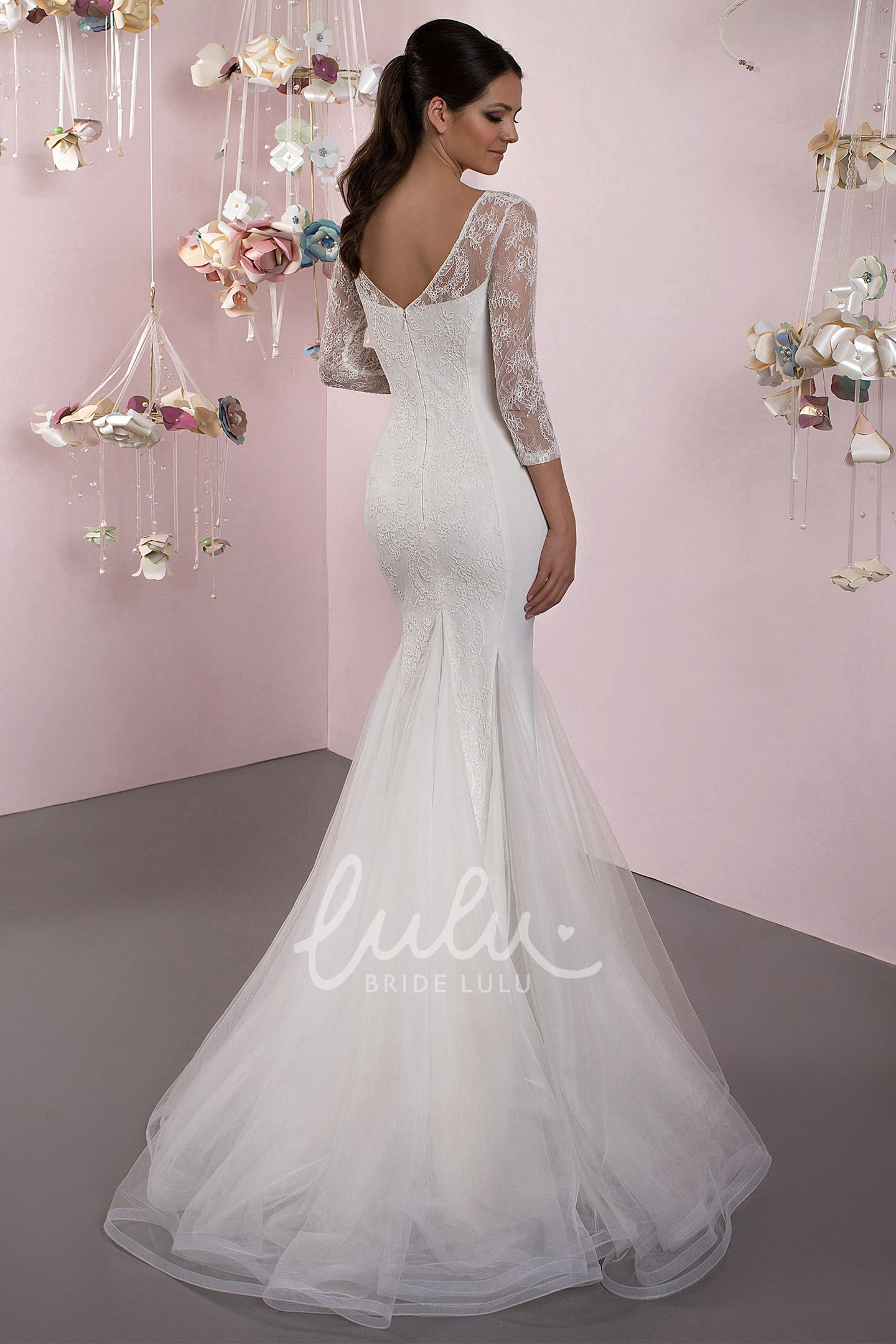 Lace Mermaid Wedding Dress with 3/4 Sleeves and Brush Train