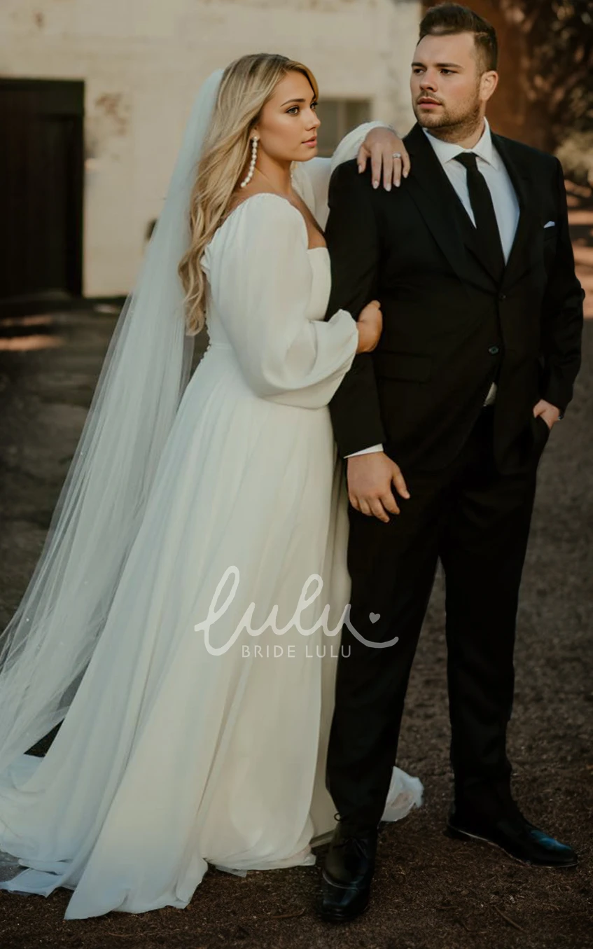 Modest Romantic A-Line Plus Size Fall Autumn Wedding Dress with Long Sleeve Simple Casual Charming Low Cut Square Neck Chiffon Train Bridal Gown