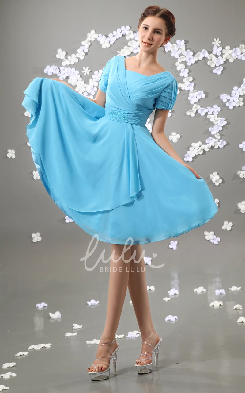 Pleated Square-Neck Formal Guest Dress with Chiffon Fabric