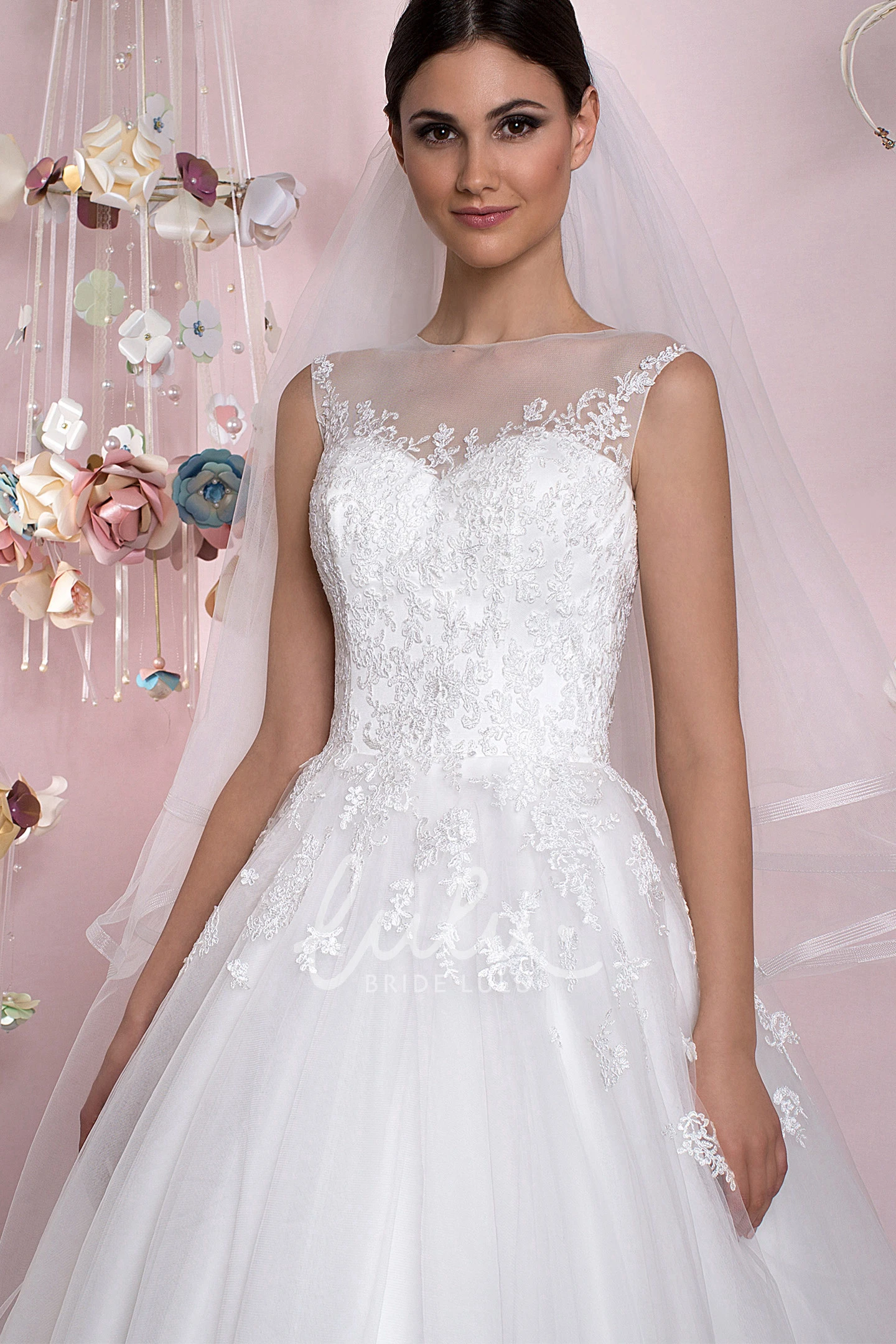 Jewel Appliqued Tulle Wedding Dress with Court Train