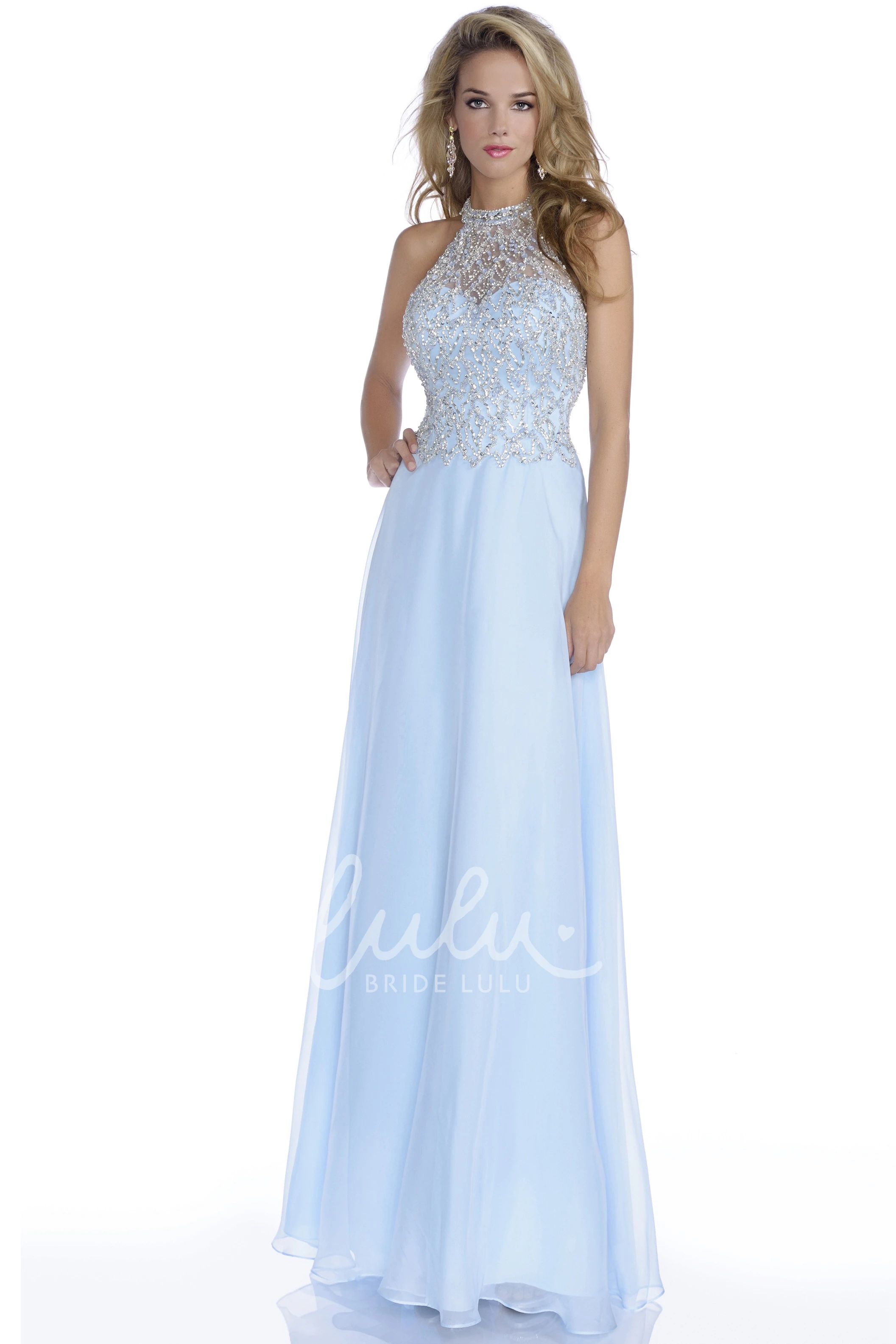 Jeweled Bodice Chiffon Prom Dress Open Back Flowy Gown
