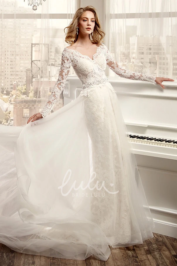 Low-V Back Beaded Waistline V-Neck Wedding Dress with Long Sleeves