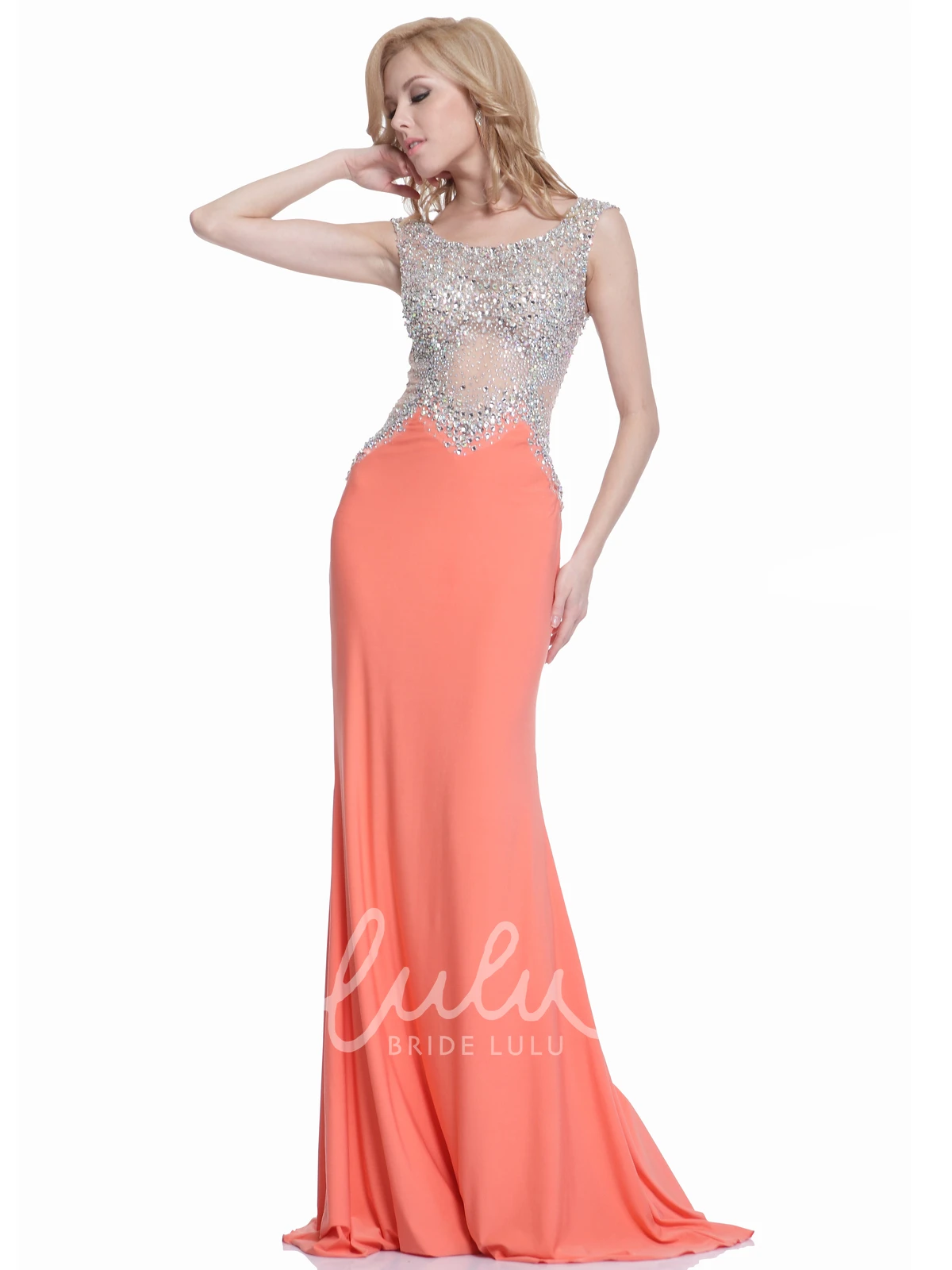 Sleeveless Jersey Illusion Formal Dress with Beading and Scoop Neck