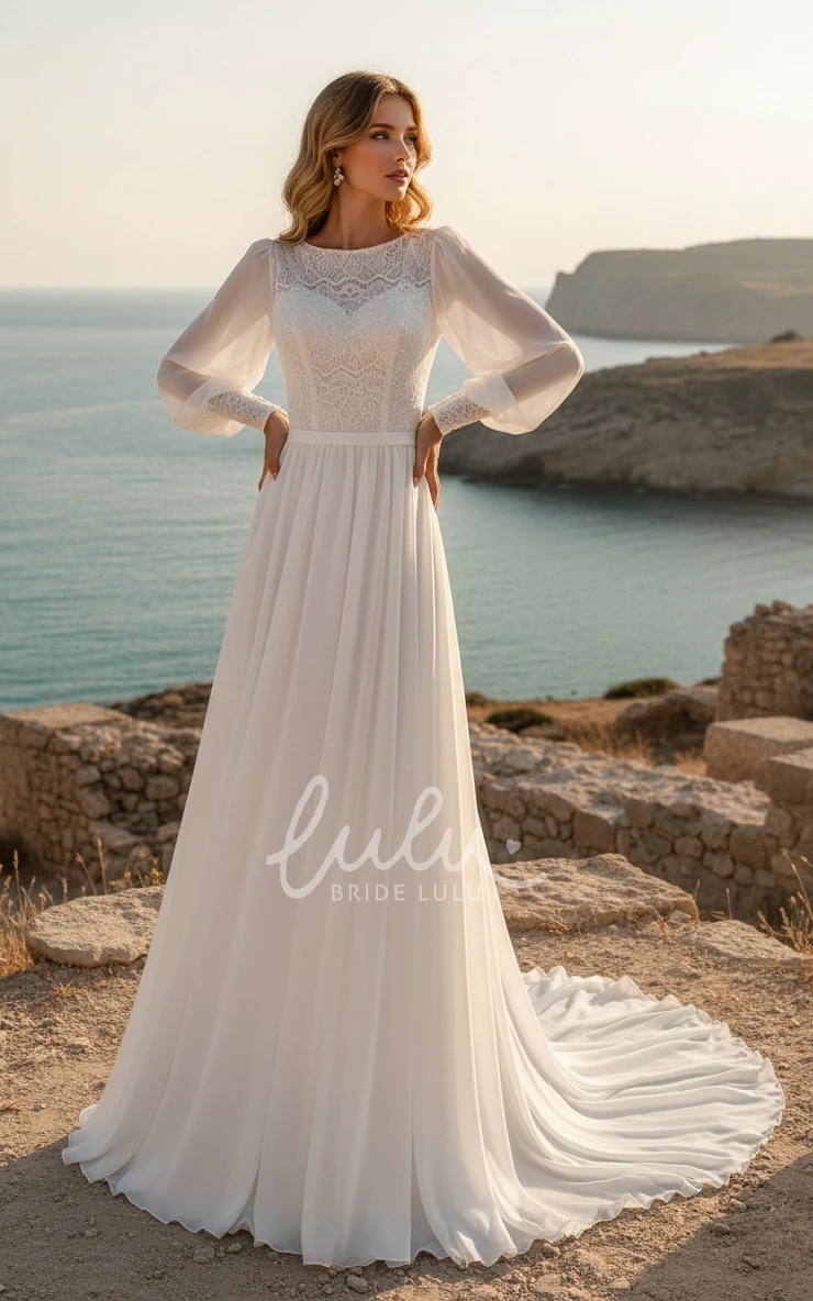 Casual Modest Rustic Long Sleeve A-Line Bateau Neck Spring Wedding Dress Gowns with Train