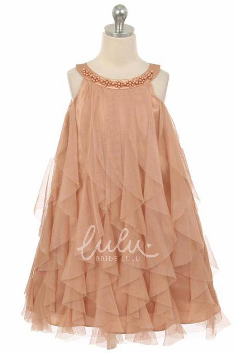 Floral Satin Tea-Length Flower Girl Dress with Beading and Ruffles