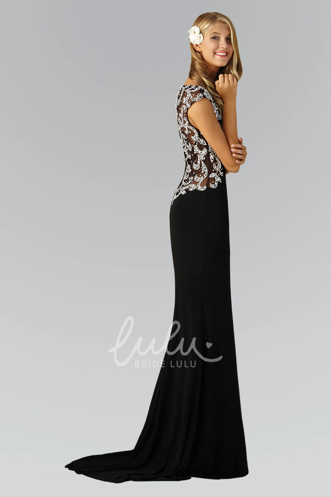 Cap-Sleeve Illusion Sheath Jersey Formal Dress with Beading and Bateau Neckline