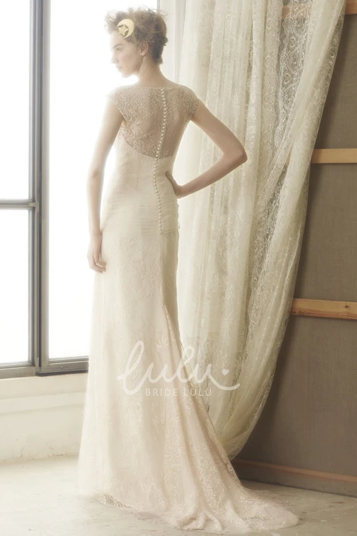 Cap-Sleeve Scoop Neck Floral Lace Sheath Wedding Dress with Illusion Back and Sweep Train