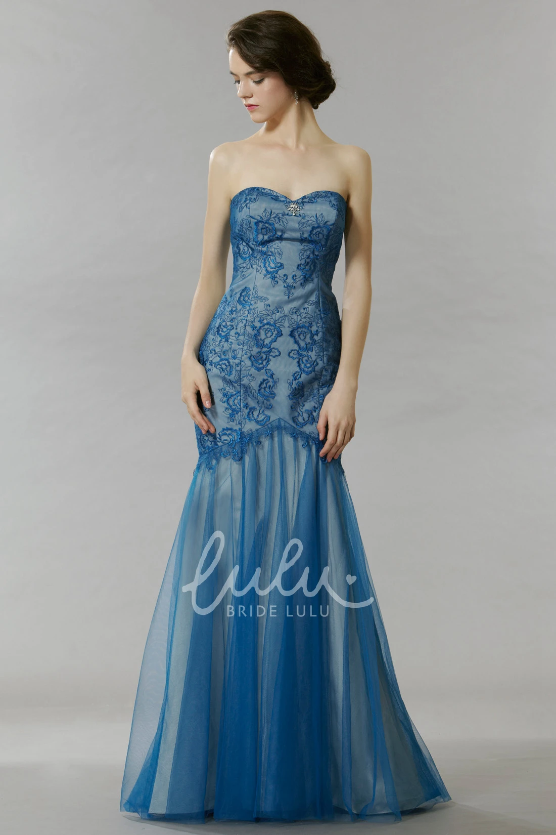 Long Lace&Tulle Prom Dress with Backless Style Trumpet Sweetheart Sleeveless Dress