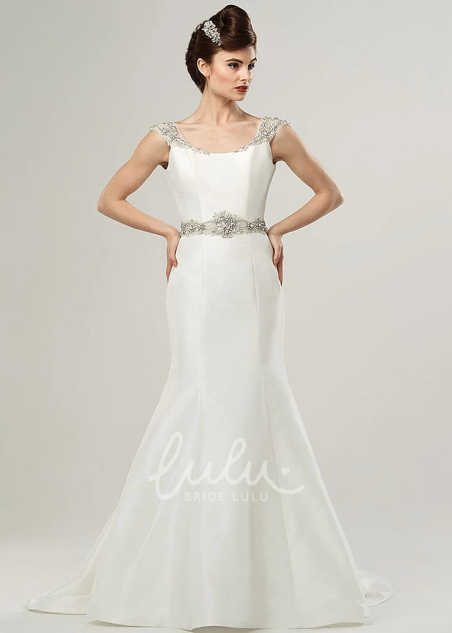 Beaded Cap-Sleeve V-Neck Satin Wedding Dress with Waist Jewelry Mermaid Style