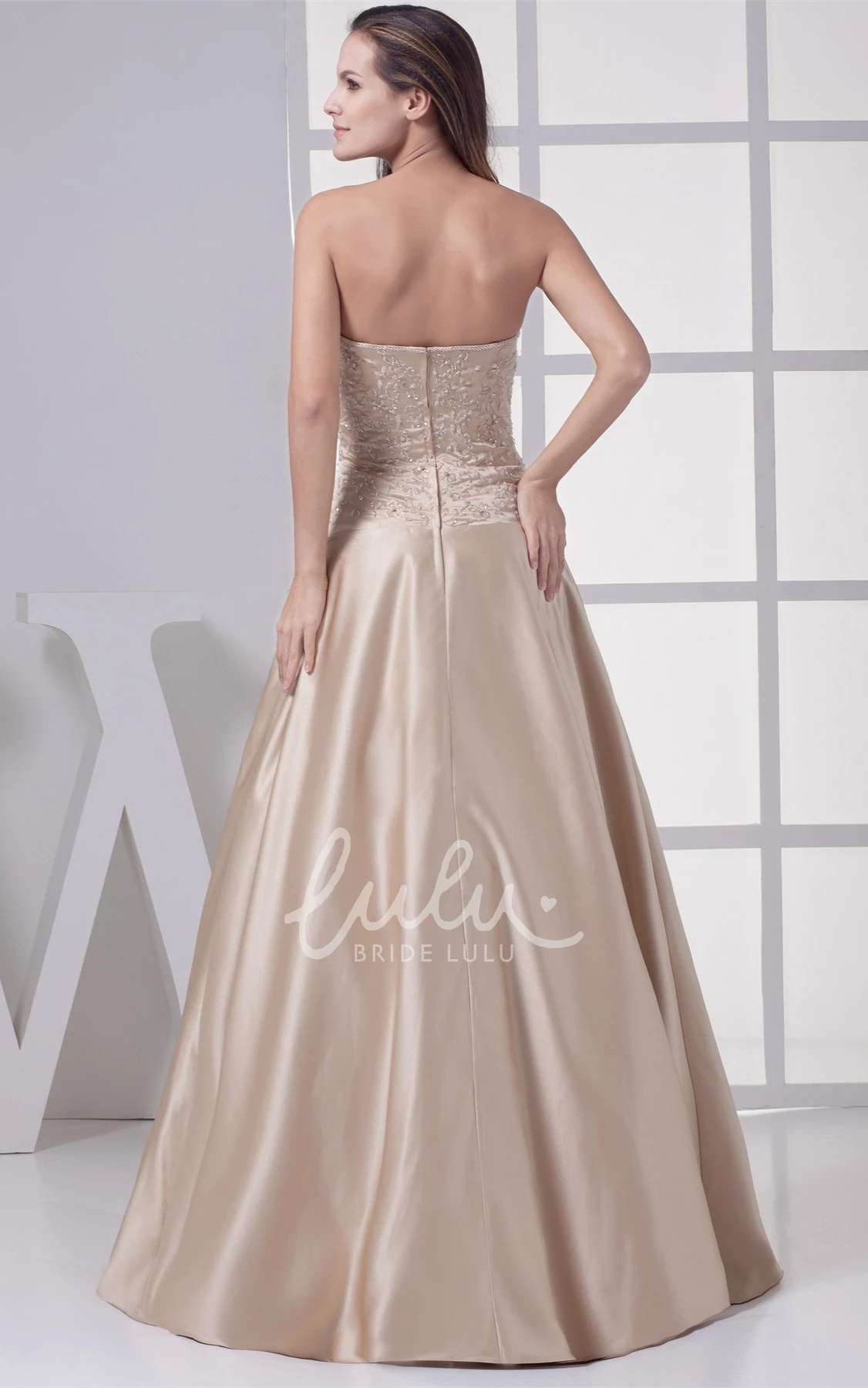 Strapless A-Line Satin Evening Gown with Beading Formal Dress