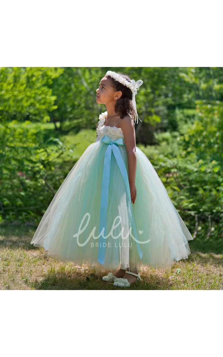 Cute Boho A-Line One Shoulder Lace Tulle 3D Floral Flower Girl Dress