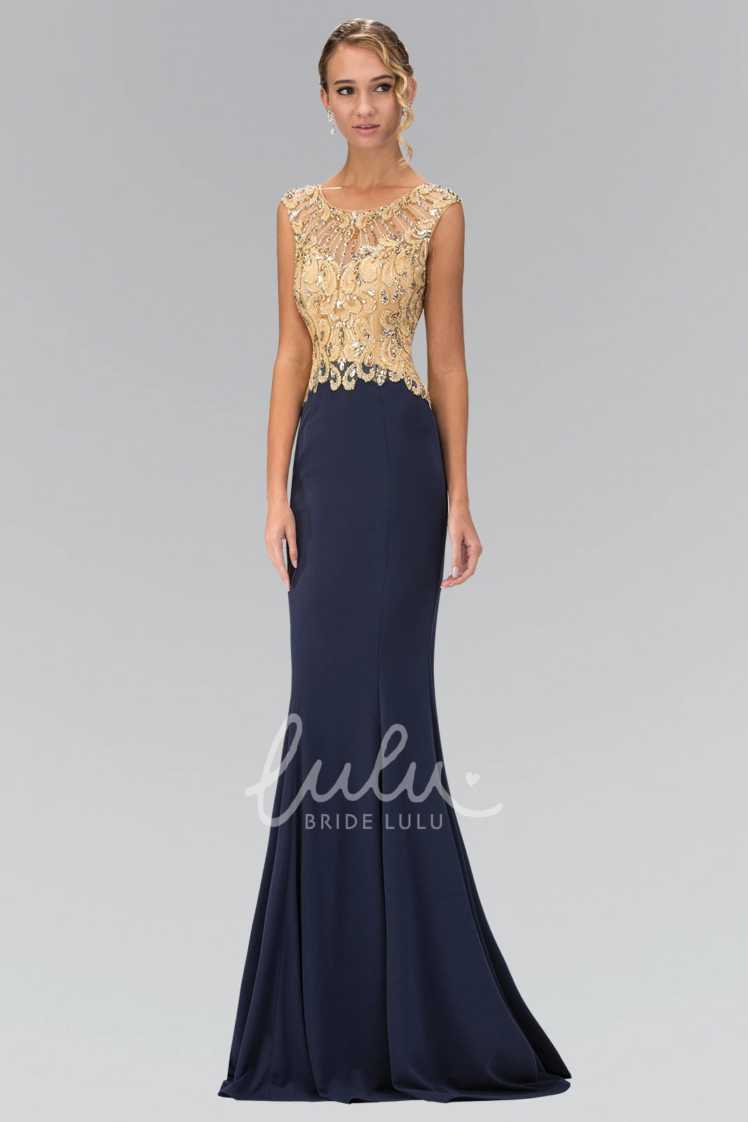 Cap-Sleeve Sheath Prom Dress with Scoop-Neck Beading and Appliques