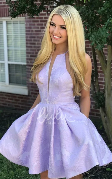 Purple A-Line Satin Plunging Neckline Sleeveless Homecoming Prom Party Dress with Pockets