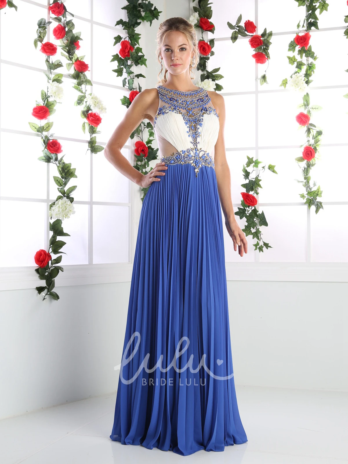 Pleated Chiffon Illusion Dress A-Line Scoop-Neck Sleeveless