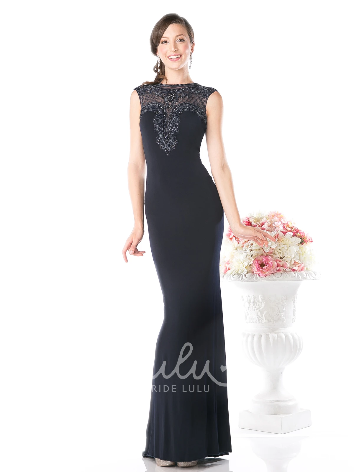 Jewel-Neck Cap-Sleeve Beaded Sheath Prom Dress