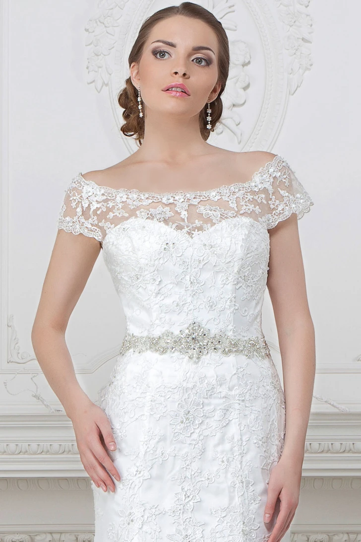 Lace Appliqued Off-Shoulder Mermaid Wedding Dress with Waist Jewelry