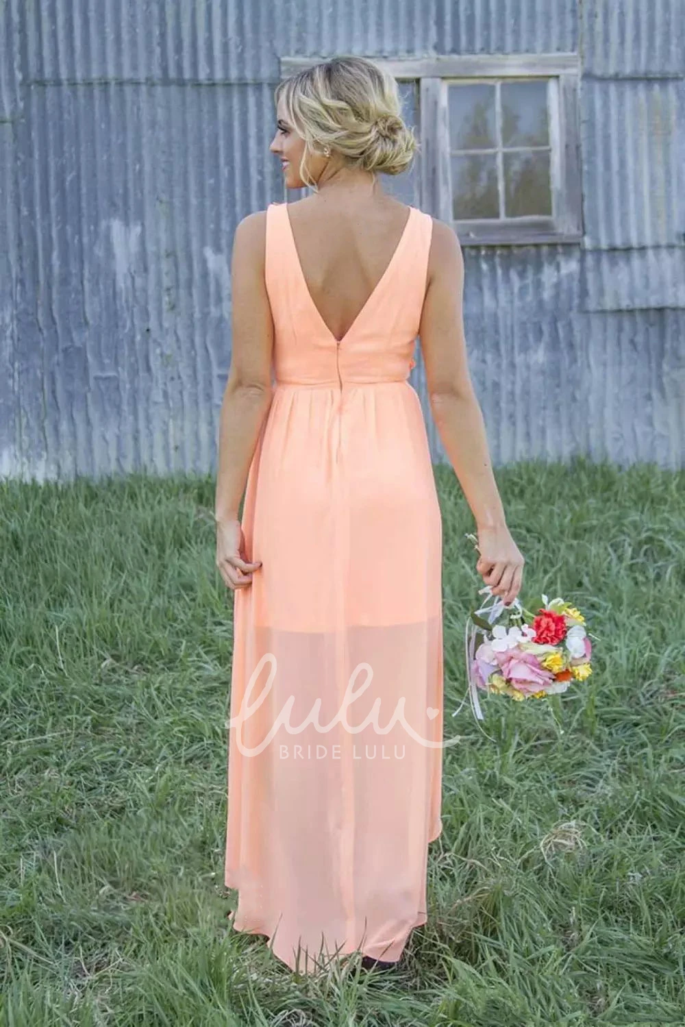 Chiffon Sleeveless A-line Bridesmaid Dress with Appliques High-low Jewel Neckline
