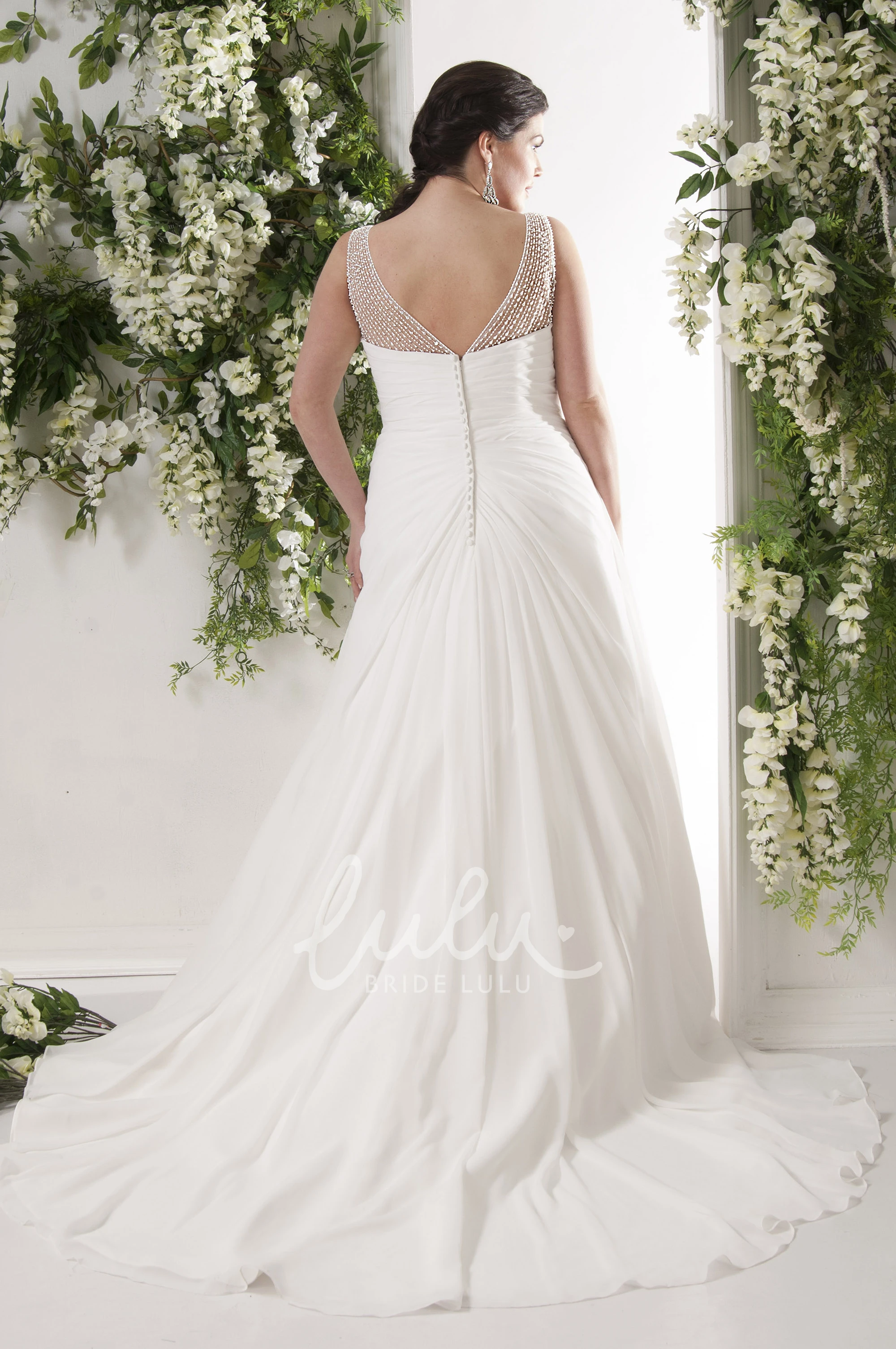Chiffon A-Line Plus Size Wedding Dress with Beading and Broach V-Neck Draped Sleeveless