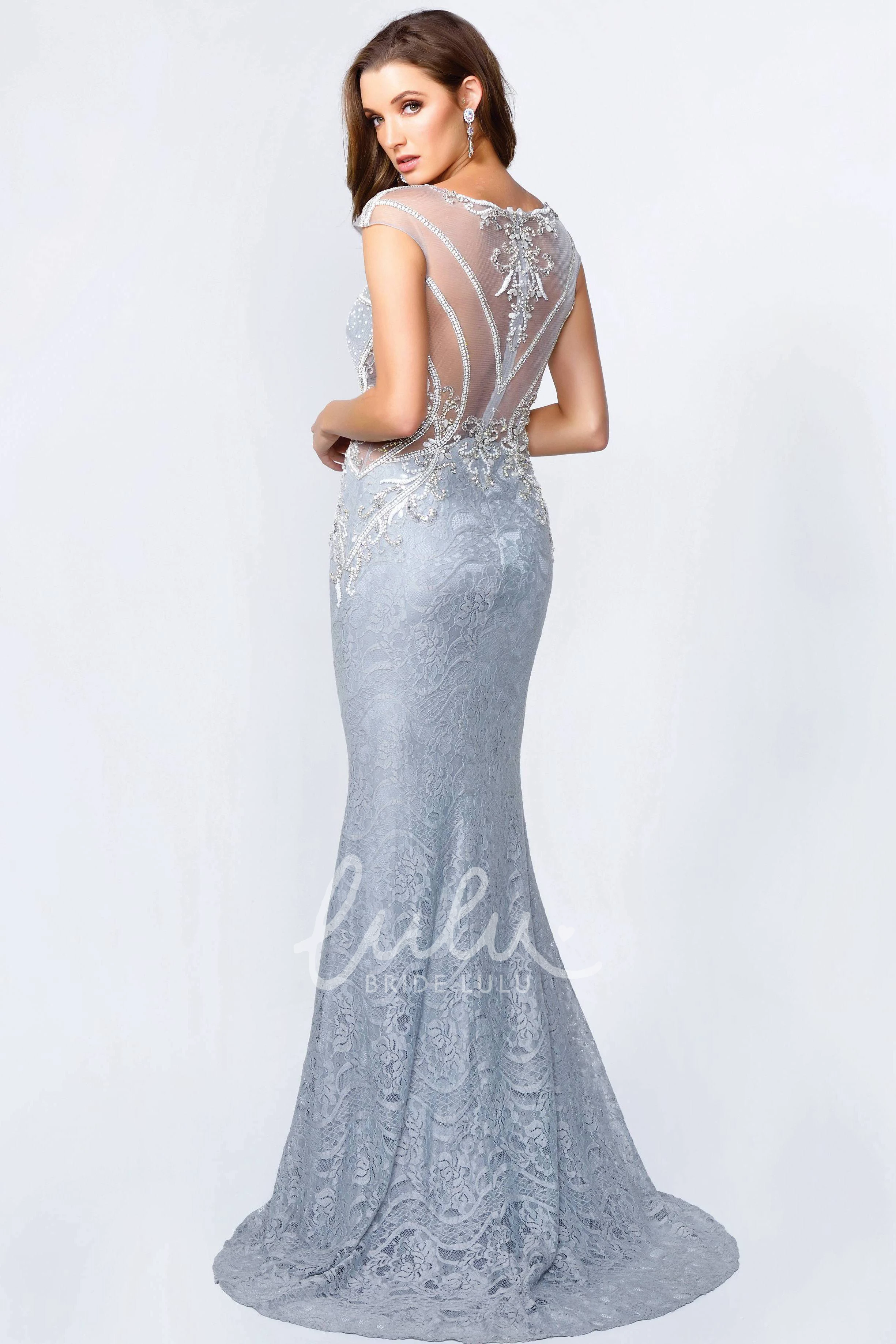 Lace Illusion Cap-Sleeve Sheath Formal Dress with Beading Elegant and Unique