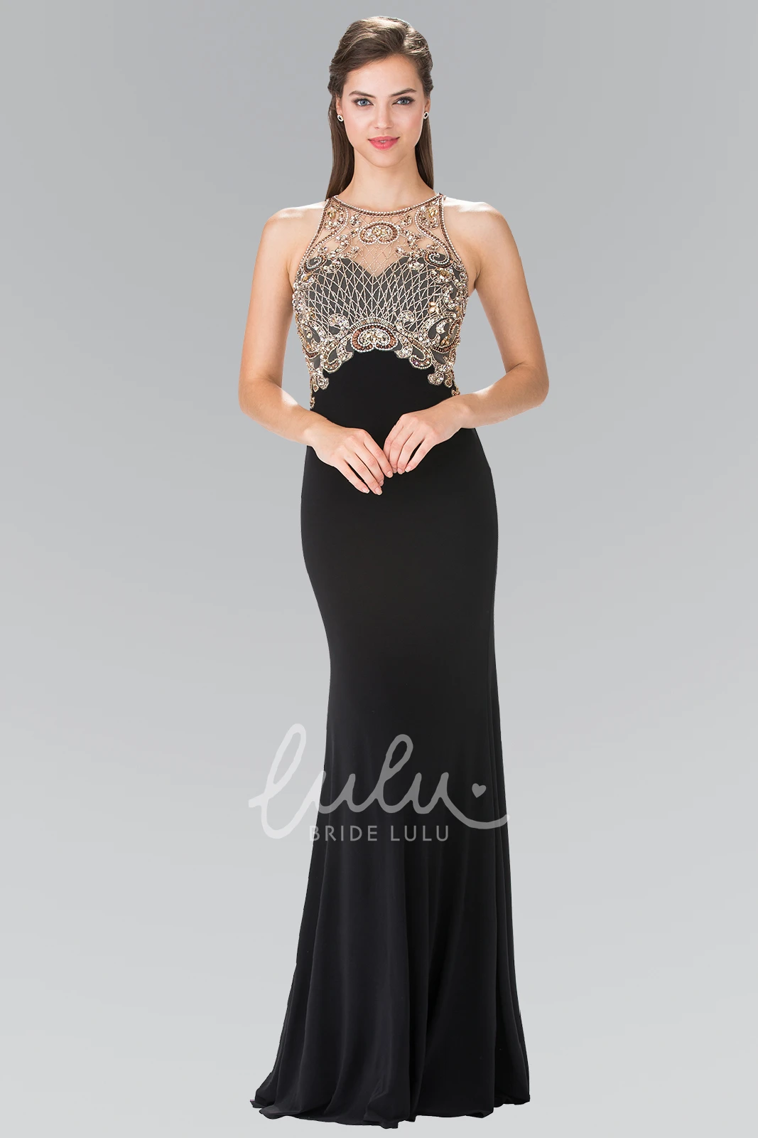 Jewel-Neck Sleeveless Jersey Formal Dress with Beading Sheath Long