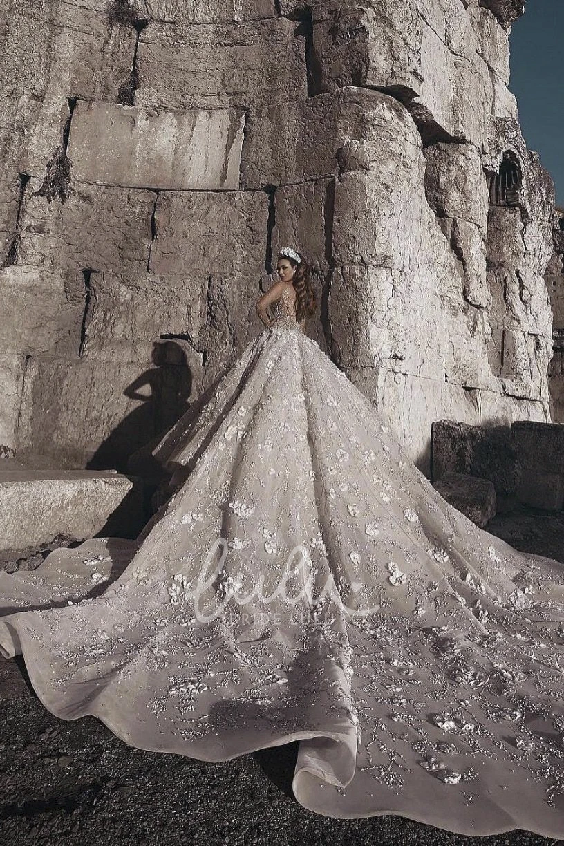 Luxury Bridal Ball Gown Wedding Dress with Appliqued Illusion Long Sleeves and 3D Floral Beading Elegant Wedding Dress