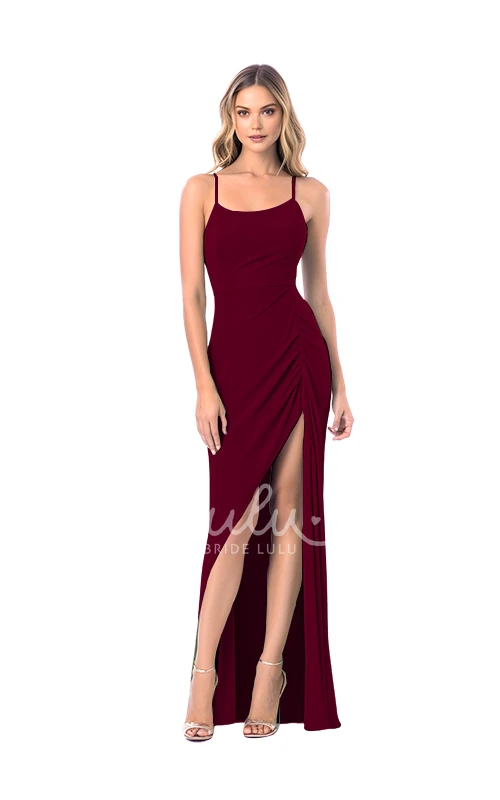 Sheath Satin Bohemian Bridesmaid Dress with Split Front Flowy Beach Wedding Dress