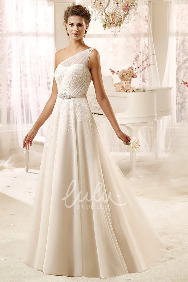 Draping One-Shoulder Tulle Wedding Dress with Satin Sash