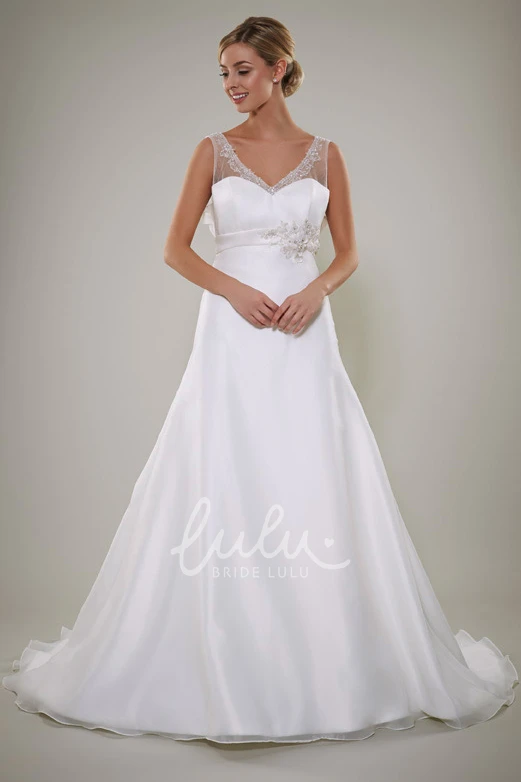 Long A-Line Satin Wedding Dress with V-Neck Beaded Bodice Ruffles and Deep-V Back
