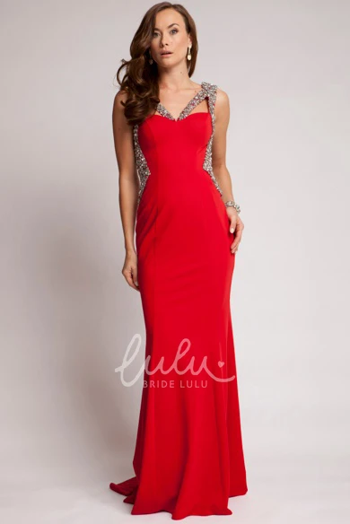 Sleeveless Beaded V-Neck Jersey Prom Dress Backless and Glamorous