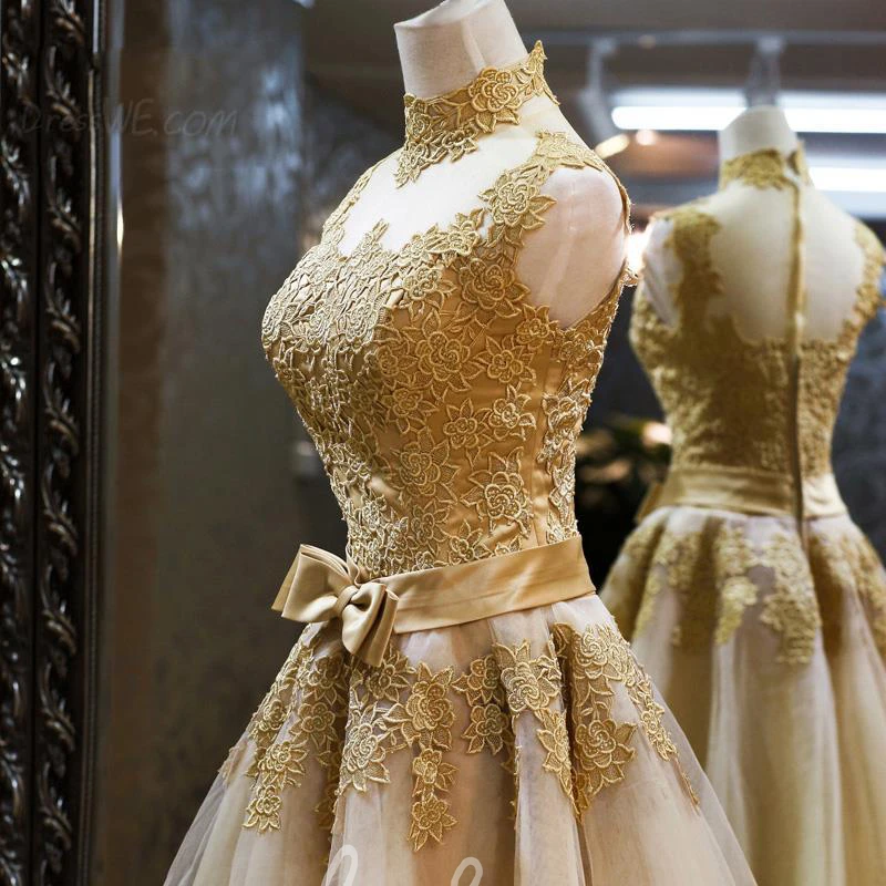 Short Prom Dress High Neck Golden Appliques Sleeveless Unique Dress