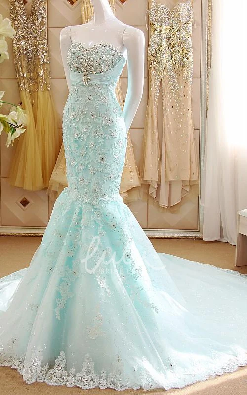Elegant Sexy Mermaid Bohemian Lace Sleeveless Wedding Dress Romantic Light Cyan Long Train Bridal Gown with Appliques