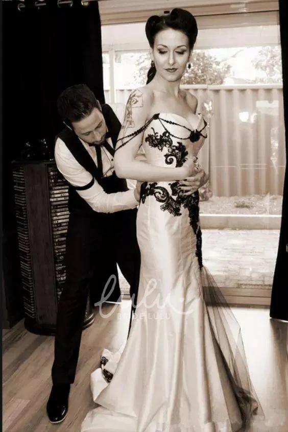 Off-the-shoulder Satin Mermaid Wedding Dress with Appliques and Beading Sleeveless Sweep Train