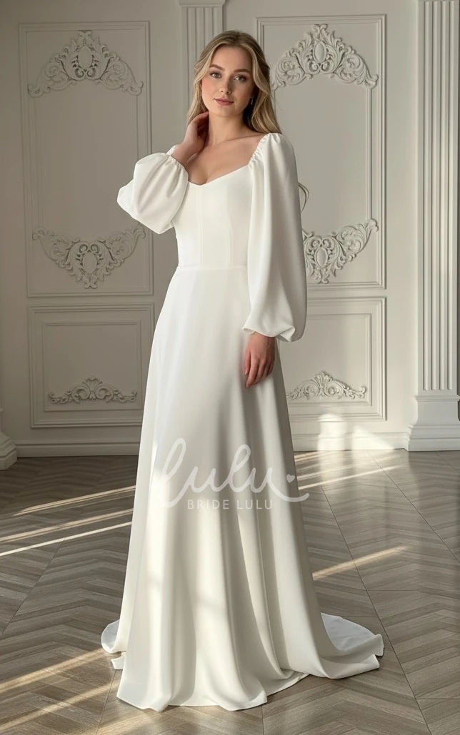 Romantic Vintage A-Line Wedding Dress with Puffy Long Sleeves Square Neck Back Lace-Up Elegant Bridal Gown