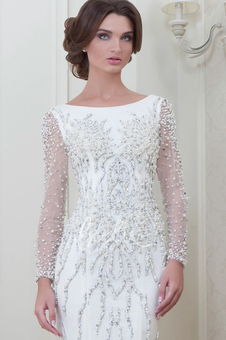 Tulle Jewel-Neck Long-Sleeve Elegant Evening Dress