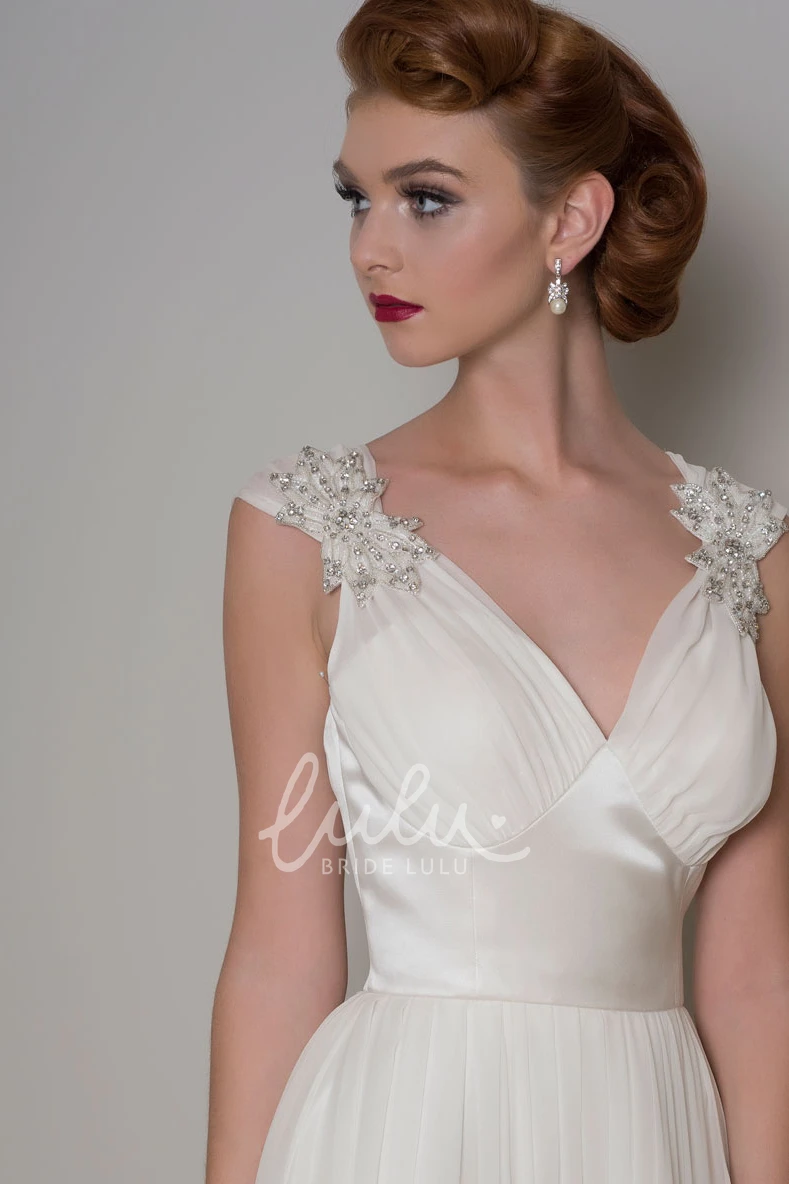 Beaded V-Neck Organza Wedding Dress Cap-Sleeve Floor-Length Pleated