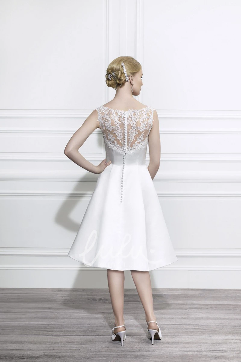 Knee-Length Satin Wedding Dress with Illusion Bateau Neckline