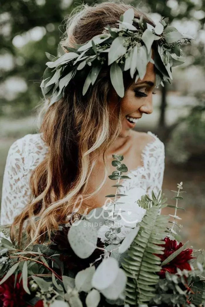 Two Piece Lace Wedding Dress with Ruching V-neck and Sweep Brush Train