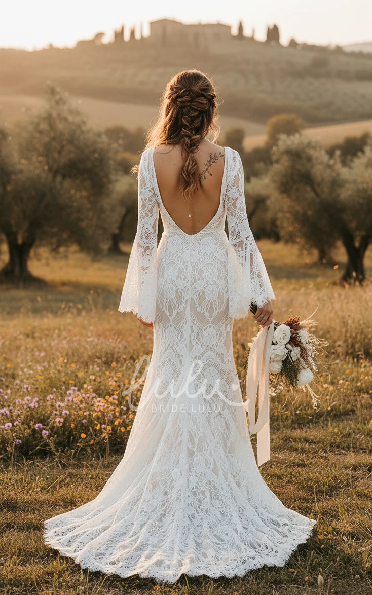 Modest Plus Size V-neck Winter Wedding Dress Open Back with Petal Lace Long Sleeve
