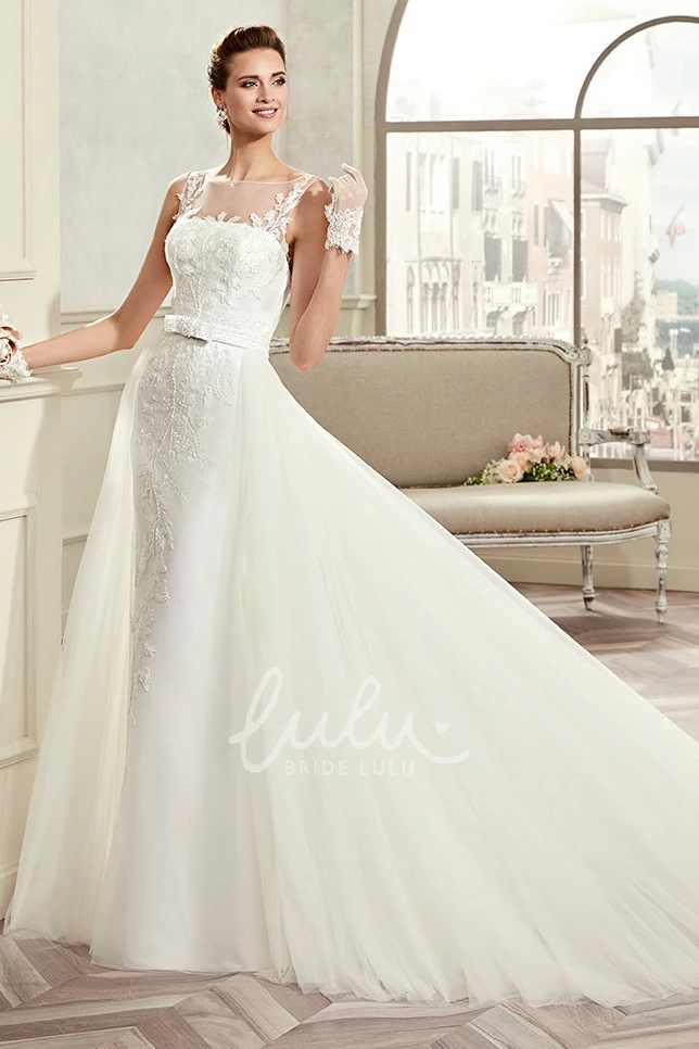 Lace A-Line Wedding Dress with Cap Sleeves and Brush Train Illusive Design