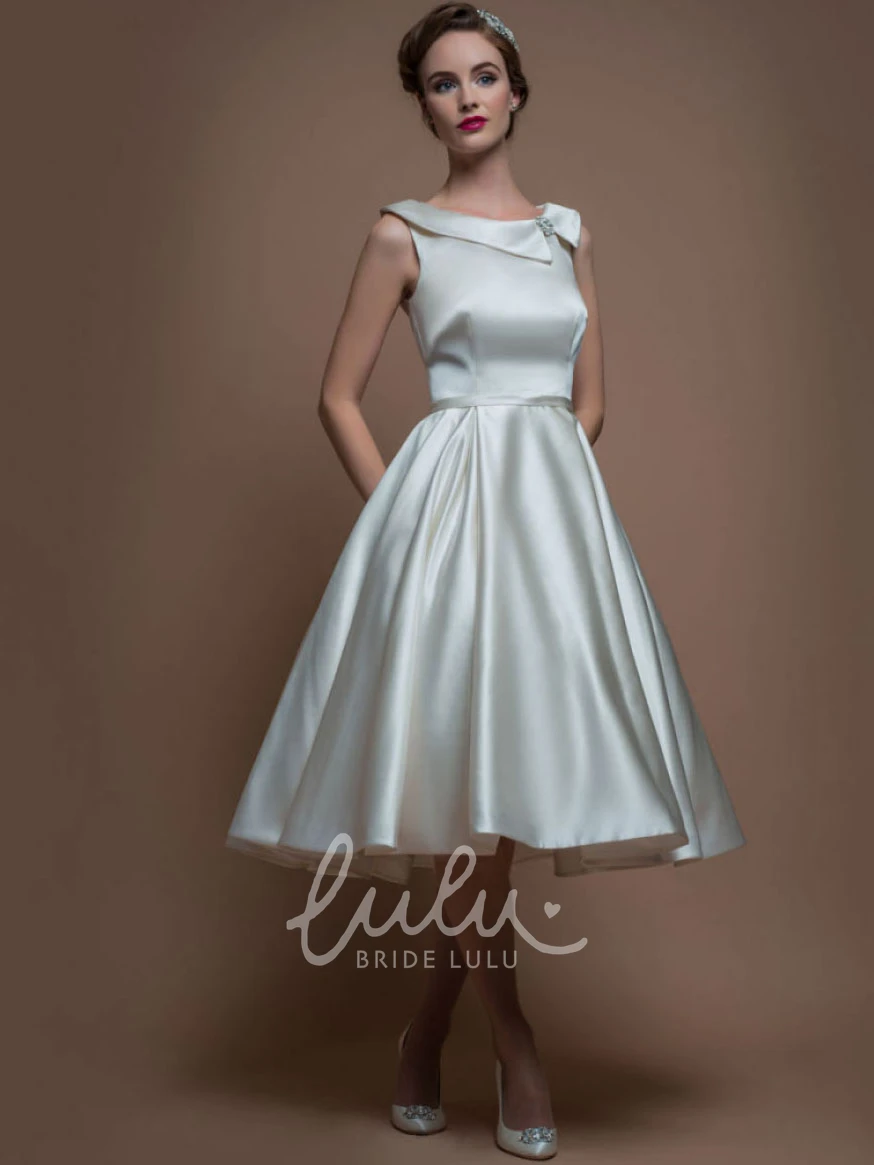 Satin Sleeveless Tea-Length A-Line Wedding Dress With Broach Classy Bridal Gown