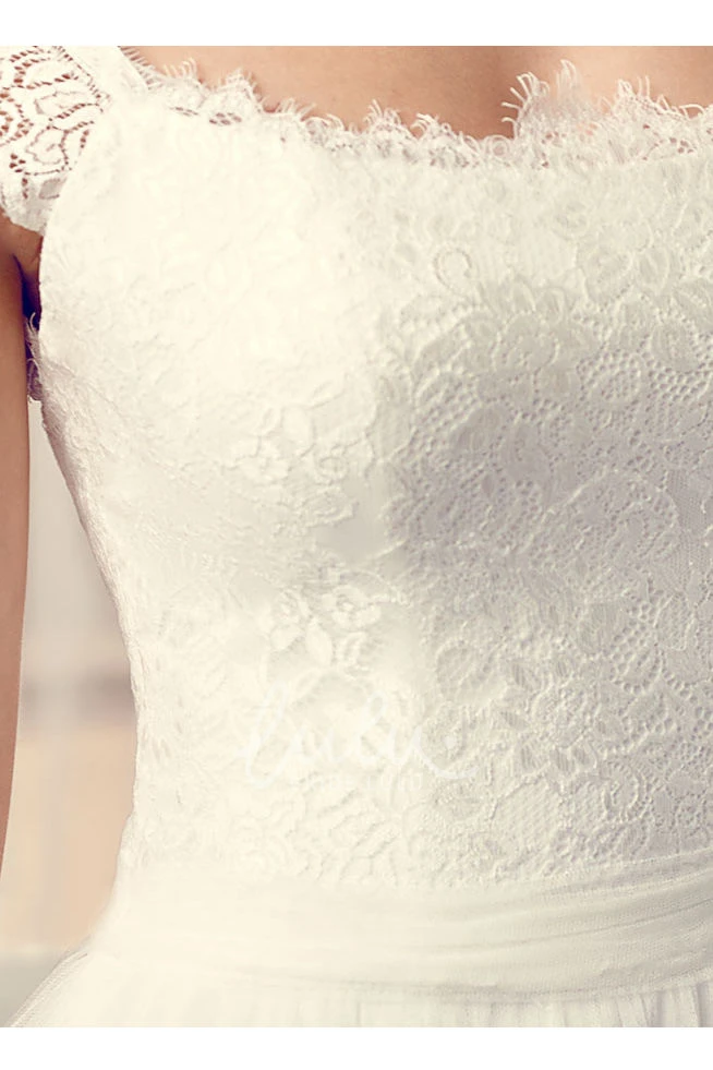 Lace Chiffon Wedding Dress with V-Back and Cap-Sleeves Long Square Style