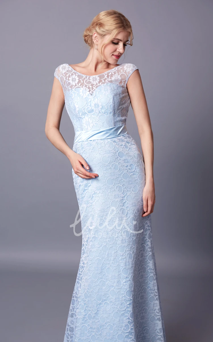 Radiant Cap-Sleeved Lace Gown with Bateau Neckline and Deep V-Back for Women's Formal Events