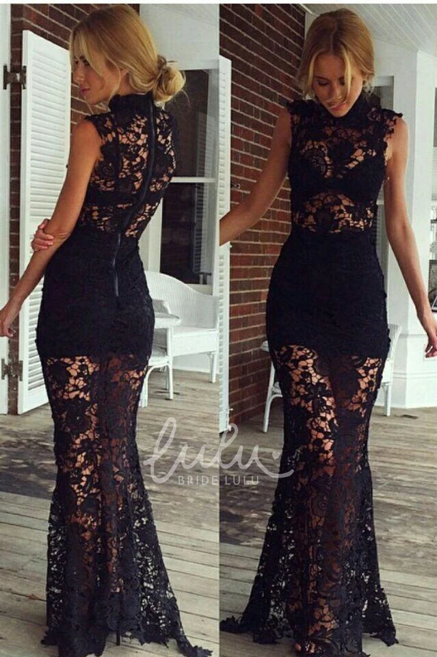 Black High-Neck Prom Dress Sexy Lace Sheer Skirt Elegant Evening Dress