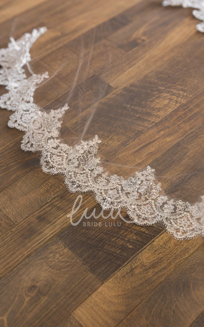 Modern Sparkly Boho Lace Sequins Tulle Two Tier Cathedral Length WeddingVeils with Comb