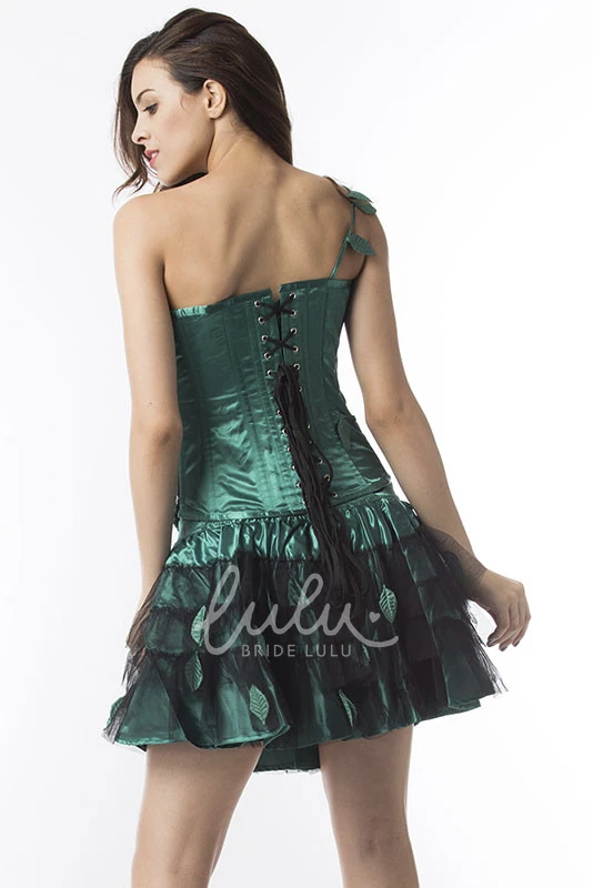 Green and Black One Shoulder Corset Dress with Leaves Appliques Wedding Dress