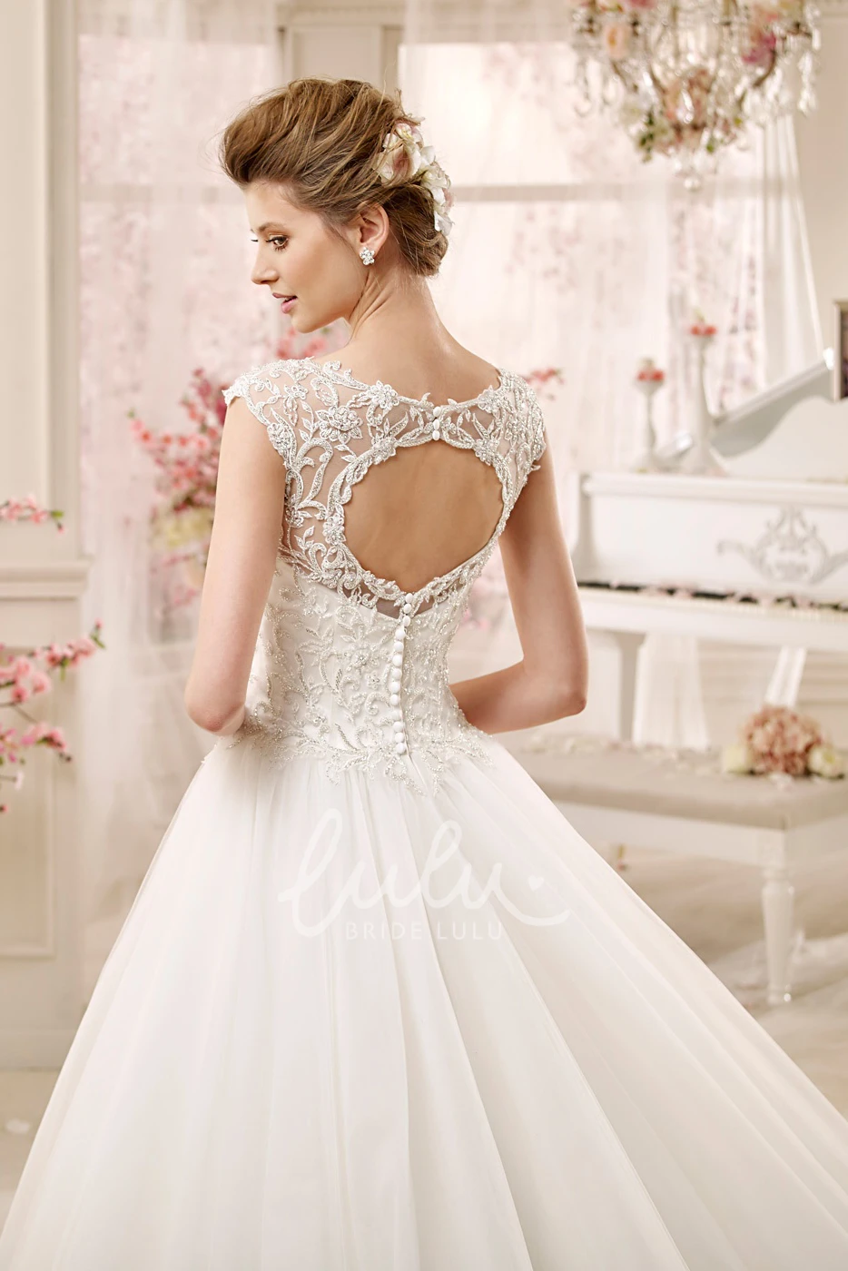 A-line Lace Wedding Gown with Cap Sleeves and Keyhole Back Classic Wedding Dress