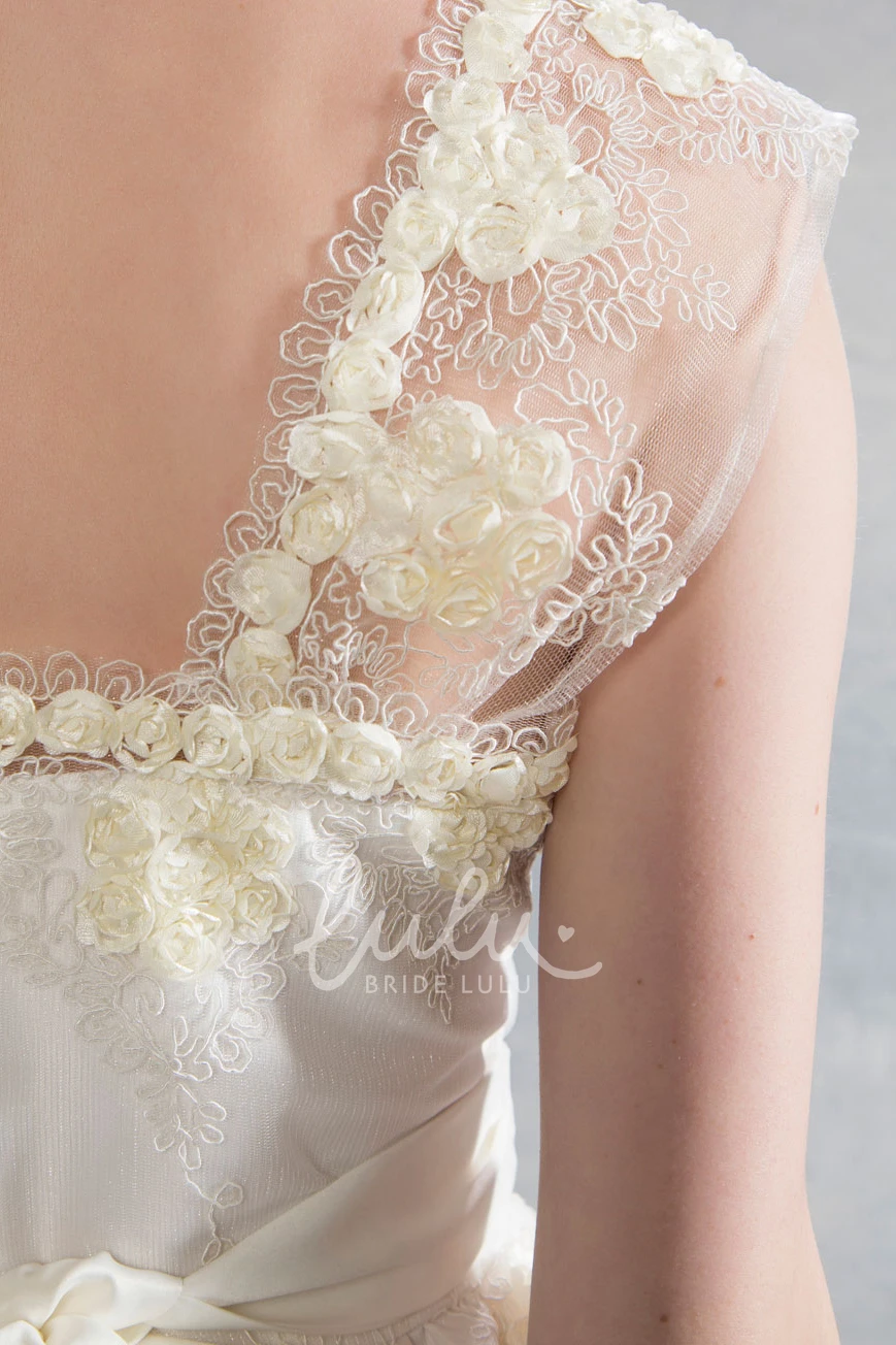 Satin&Tulle Tea-Length Wedding Dress with Appliques and Bow Elegant Bridal Gown