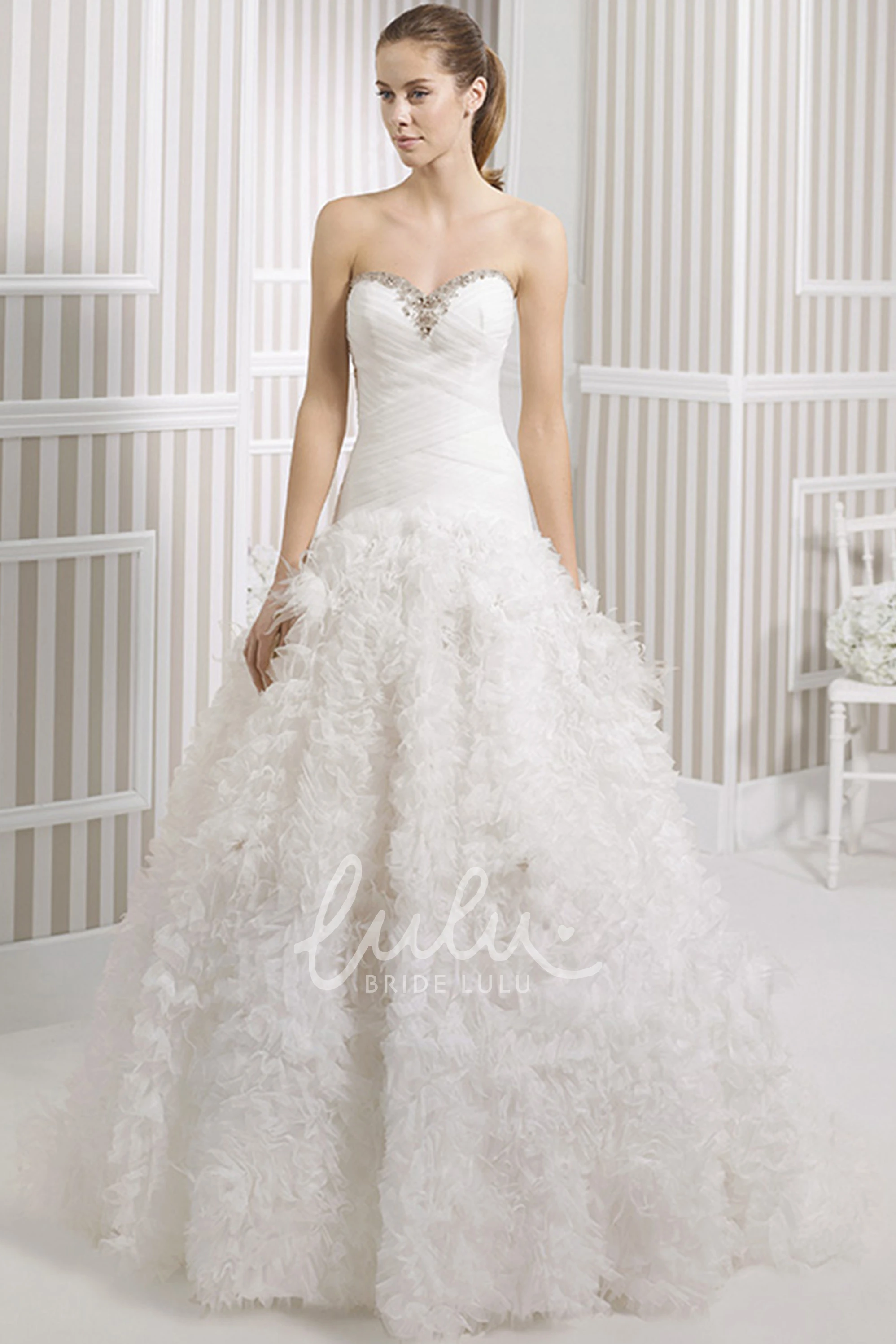 Ruched Organza A-Line Wedding Dress with Beading and Sweetheart Neckline