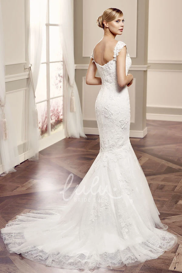 Off-The-Shoulder Lace Wedding Dress with Court Train and V Back Modern Bridal Gown